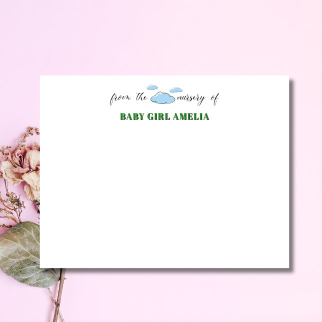 Invitation Classic Clouds Forest Green Name Nursery Note Card (Créateur téléchargé)