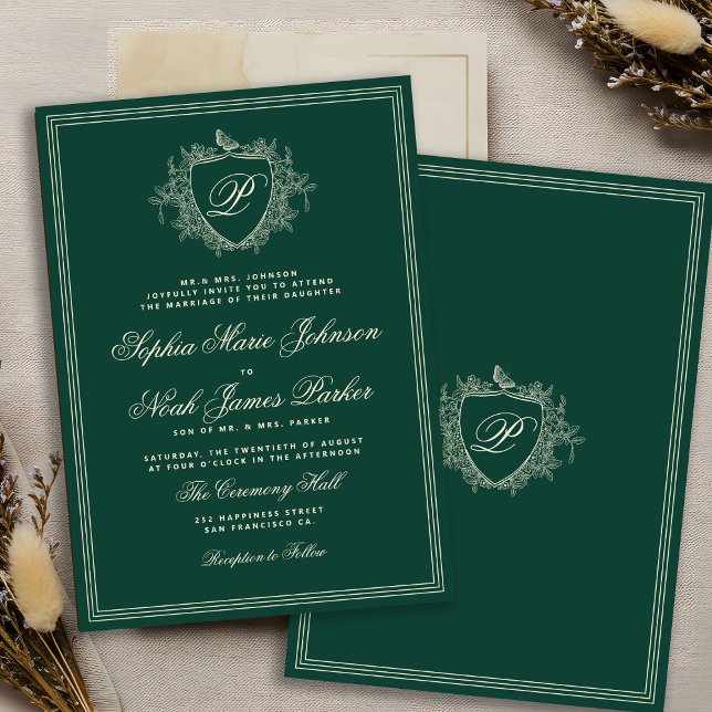 Invitation Classic crest monogram emerald green wedding (Créateur téléchargé)