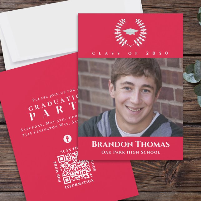 Invitation Classic de la photo de graduation rouge et blanc (Créateur téléchargé)