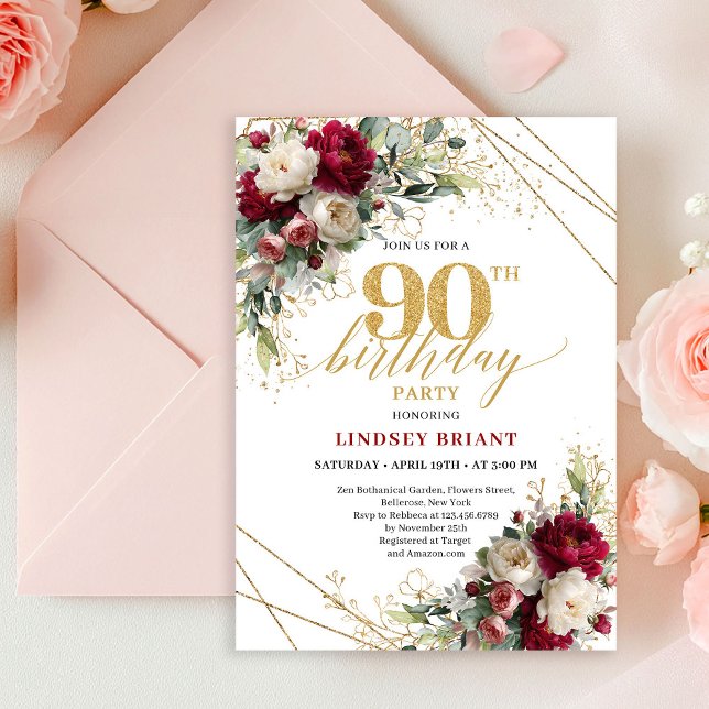Invitation Classic Deep Red Floral Gold 90th Birthday Invite (Classic Deep Red Floral Gold 90th Birthday Invitation)