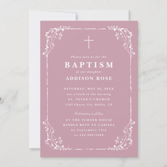 Invitation Classic Dusty Pink Dainty Floral Frame Baptism (Devant)