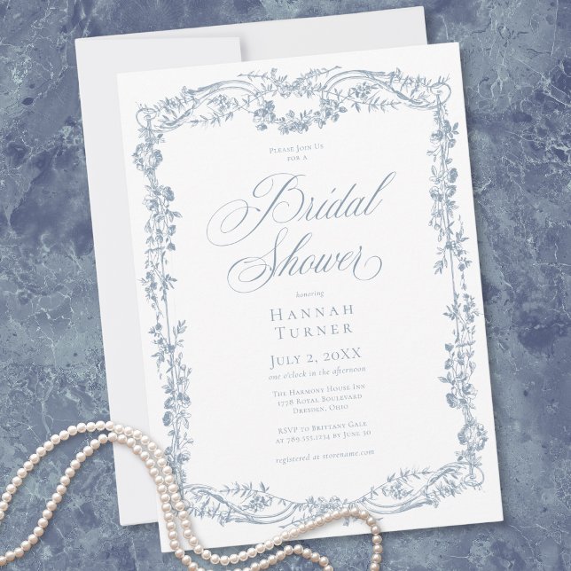 Invitation Classic Elegant Blue Floral Frame Bridal Shower (Classic Elegant Blue Floral Frame Bridal Shower Invitation)
