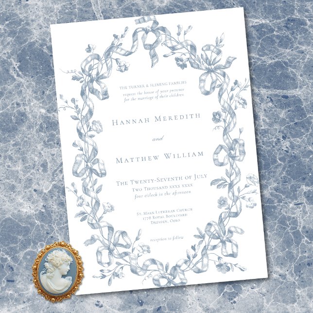 Invitation Classic Elegant Blue Oval Ribbon Frame Wedding (Classic Elegant Blue Oval Ribbon Frame Wedding Invitation)