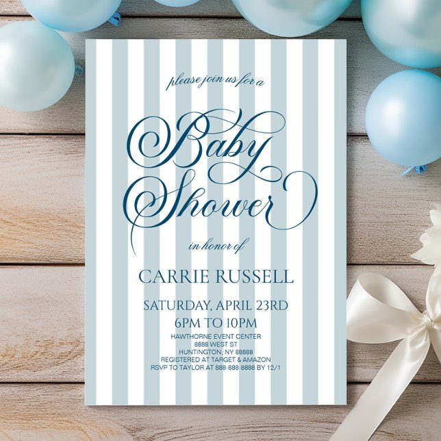 Invitation Classic Elegant Blue Stripes Boy Baby Shower (Créateur téléchargé)