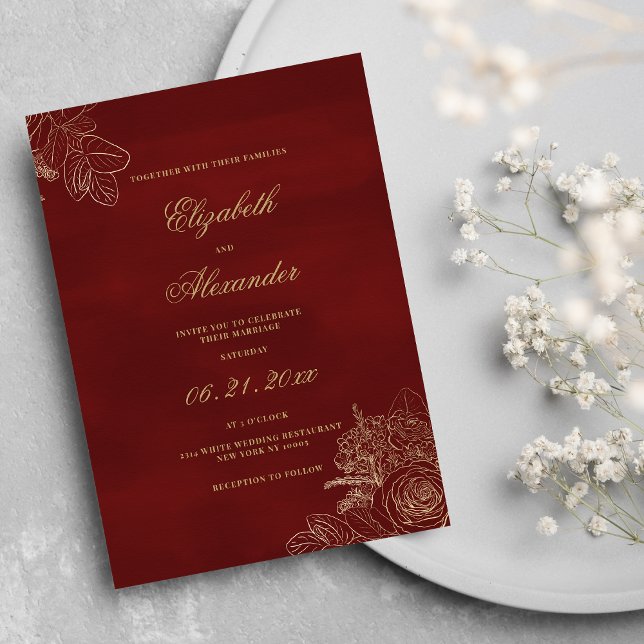 Invitation Classic élégant bouillon or fleurs mariage (Classic elegant burgundy gold foil flowers wedding)