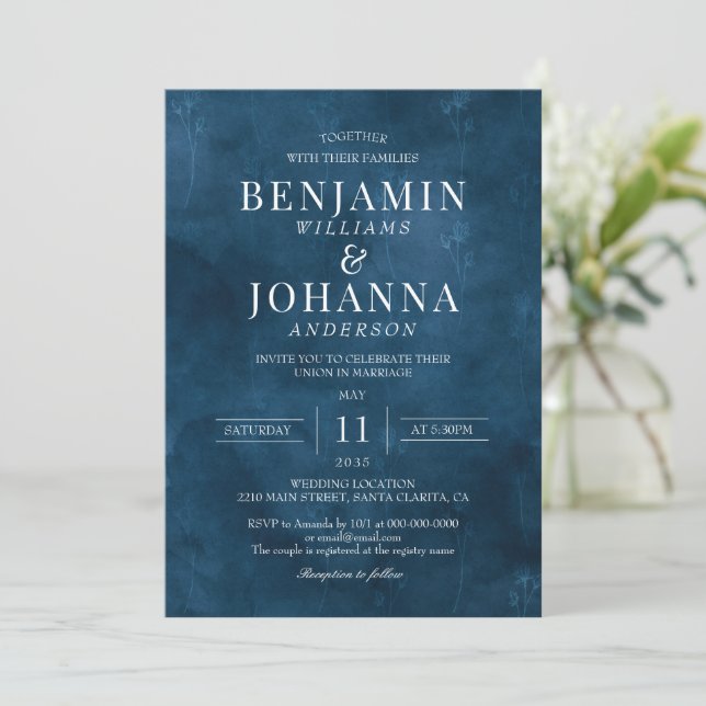 Invitation Classic Elegant Floral Blue Mariage (Debout devant)