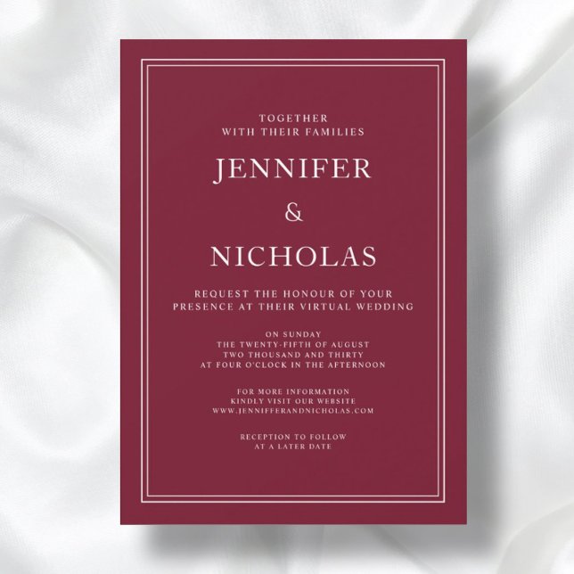 Invitation Classic Elegant Formal Bourgogne Mariage virtuel (Front / Classic Elegant Formal Burgundy Virtual Wedding Invitation)