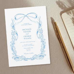 Invitation Classic Elegant Français Bleu Coquette Floral Bow