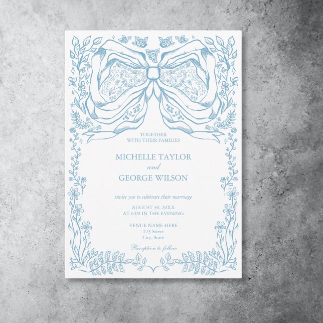 Invitation Classic Elegant Français Bleu Coquette Floral Bow (hand drawn bow floral french blue frame invitation)
