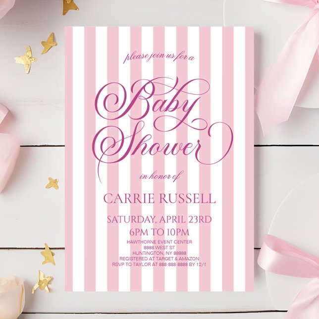 Invitation Classic Elegant Pink Stripes Girl Baby Shower (Créateur téléchargé)