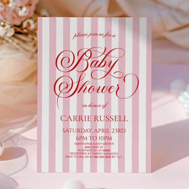 Invitation Classic Elegant Red Pink Stripes Girl Baby Shower (Créateur téléchargé)