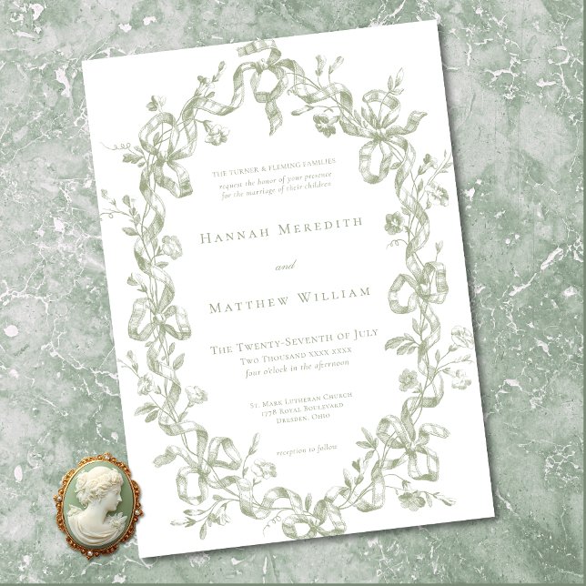 Invitation Classic Elegant Sage Oval Ribbon Frame Wedding (Classic Elegant Sage Oval Ribbon Frame Wedding Invitation)