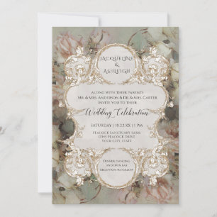 Invitation Classic Floral Rose Rose Rose Or Script doré