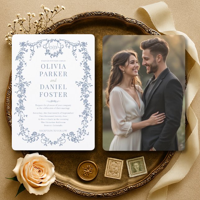 Invitation Classic Floral Victorian French Dusty Blue Wedding (Créateur téléchargé)