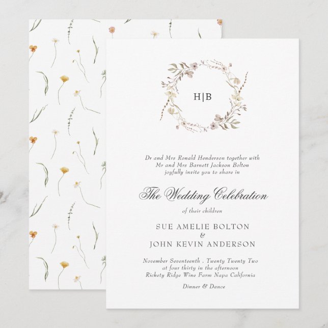 Invitation Classic Floral Wreath Monogram Surname Wedding  (Devant / Derrière)