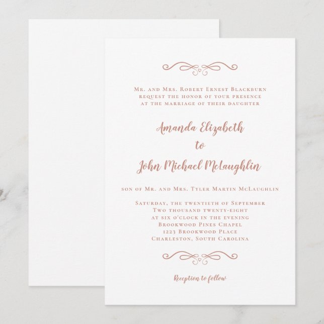 Invitation Classic Formal Élégant Rose or rose Mariage (Devant / Derrière)