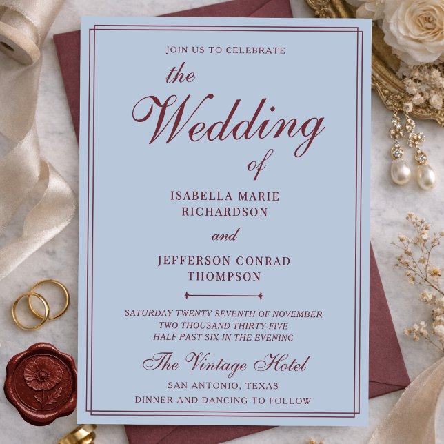 Invitation Classic French Blue & Burgundy Old Money Wedding (Créateur téléchargé)