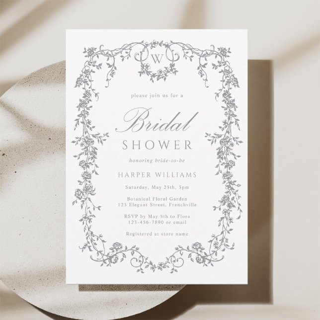 Invitation Classic French Floral Gray Bridal Shower (Créateur téléchargé)