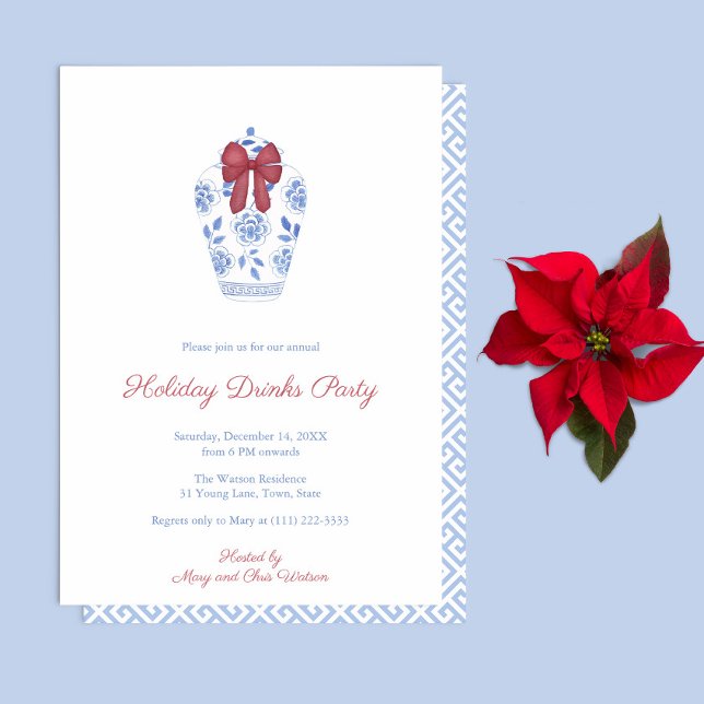Invitation Classic Ginger Jar Red Bow Fête (Elegant Holiday Drinks Party invitation featuring a watercolor ginger jar with festive red bow)