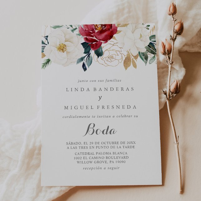 Invitation Classic Gold Burgundy Floral Boda Mariage espagnol (Créateur téléchargé)