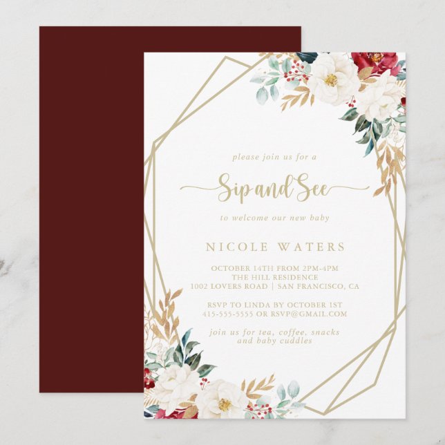 Invitation Classic Gold Burgundy White Floral Sip et voir (Devant / Derrière)