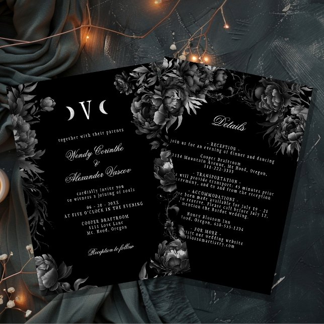 Invitation Classic Gothique Lune Noire Monogramme Détails du  (Créateur téléchargé)