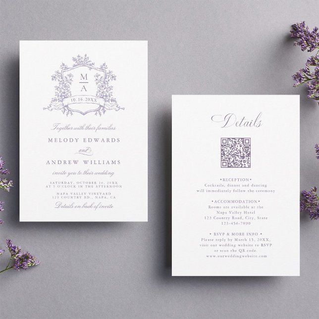 Invitation Classic Lavender Floral Crest Wedding All in One (Créateur téléchargé)