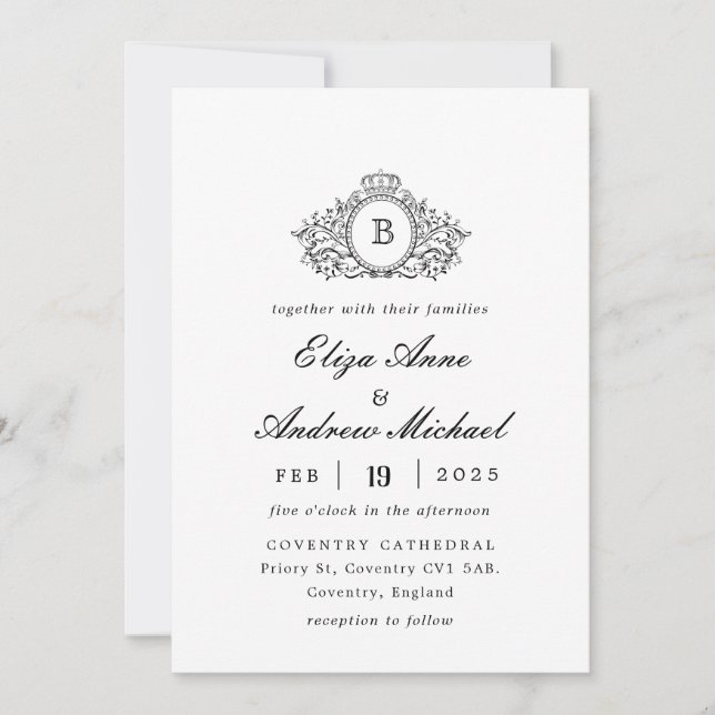 Invitation Classic Luxe noir & blanc Crest Monogram Mariage (Devant)