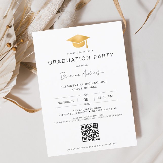 Invitation Classic Minimalist Gold QR Code Graduation Party (Créateur téléchargé)