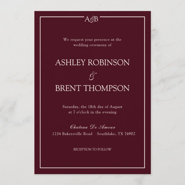 Invitation Classic Minimalist Monogram Burgundy and Ivory  (Devant)