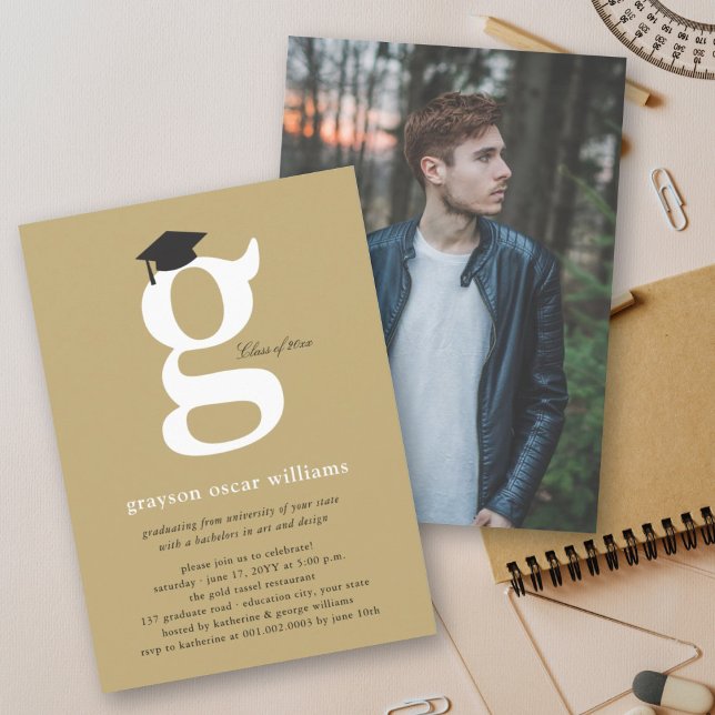 Invitation Classic Monogramme Alphabet g Photo Graduation Par (Classic Monogram Alphabet 'g' Photo Simple Graduation Party Invitation @ zazzle.com/color_therapy)