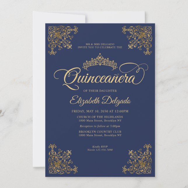 Invitation Classic Navy Blue Gold Frame Tiara Quinceanera (Devant)