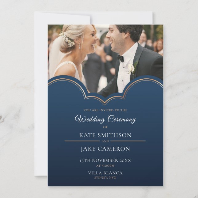 Invitation Classic Navy Gold Photo Enregistrer la date Invita (Devant)