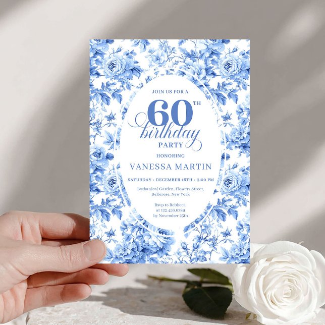 Invitation Classic Navy Toile Roses 60th Birthday Invite  (Classic Navy Toile Roses 60th Birthday Invite Print

)