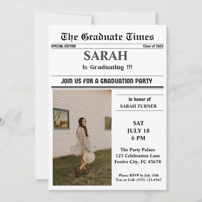 Invitation Classic Newspaper Style Premier Page Graduation (Devant)