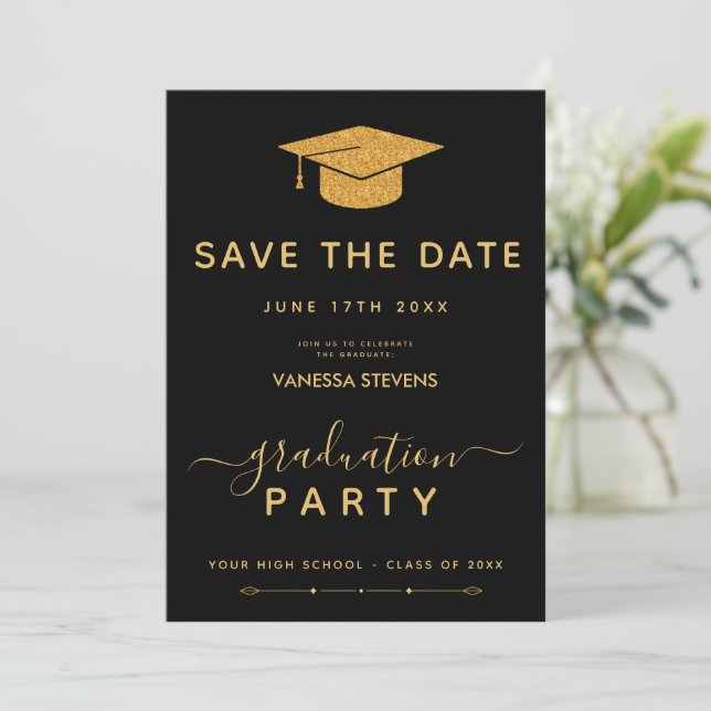 Invitation Classic Noir et or Enregistrer la date (Debout devant)