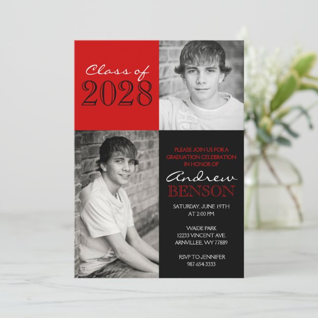 Invitation Classic noir et rouge 2 Photo Graduation (Debout devant)