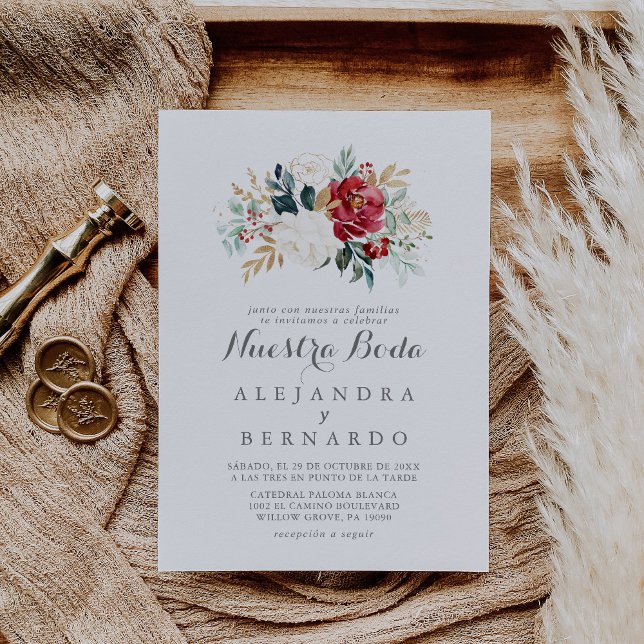 Invitation Classic or Bourgogne Floral Nuestra Boda Mariage (Créateur téléchargé)