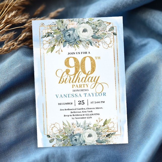 Invitation Classic pastel blue gold script 90th birthday  (Classic pastel blue gold script 90th birthday invitation)