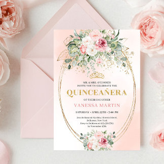 Invitation Classic Pastel Pink Rose Gold Quinceañera Invite