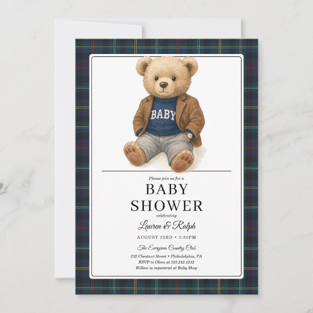 Invitation Classic Plaid Teddy Bear Baby Shower (Devant)