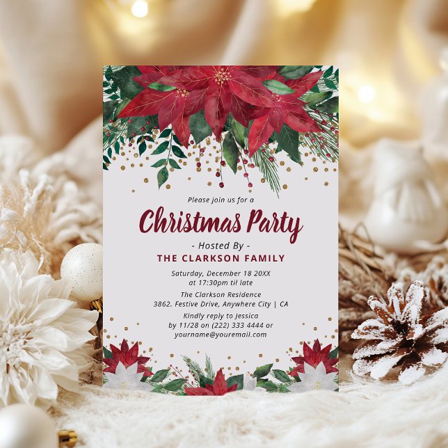 Invitation Classic Poinsietta Floral & Gold Christmas Party (Créateur téléchargé)