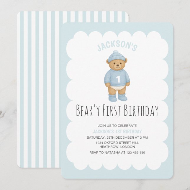 Invitation Classic Preppy Bear Blue Boy Birthday (Devant / Derrière)