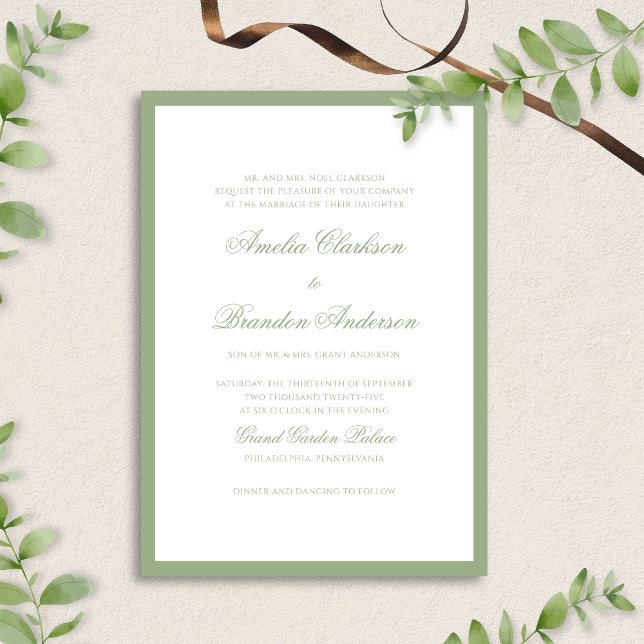 Invitation Classic Real Sage Green Border Script Wedding (Créateur téléchargé)