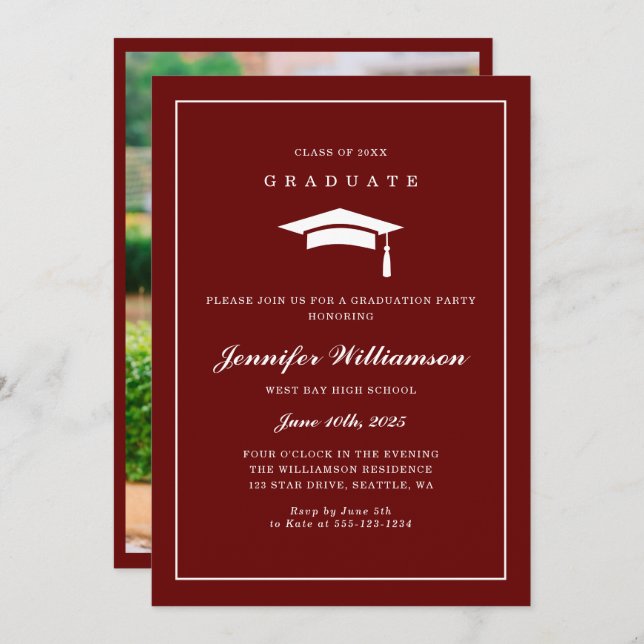 Invitation Classic Red & White Script Graduation Photo (Devant / Derrière)