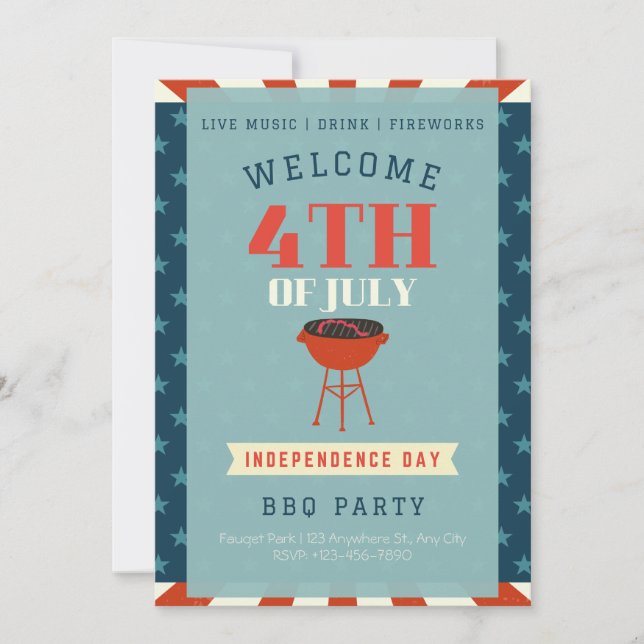 Invitation Classic Retro 4 Juillet Fête de l'Indépendance Fêt (Devant)