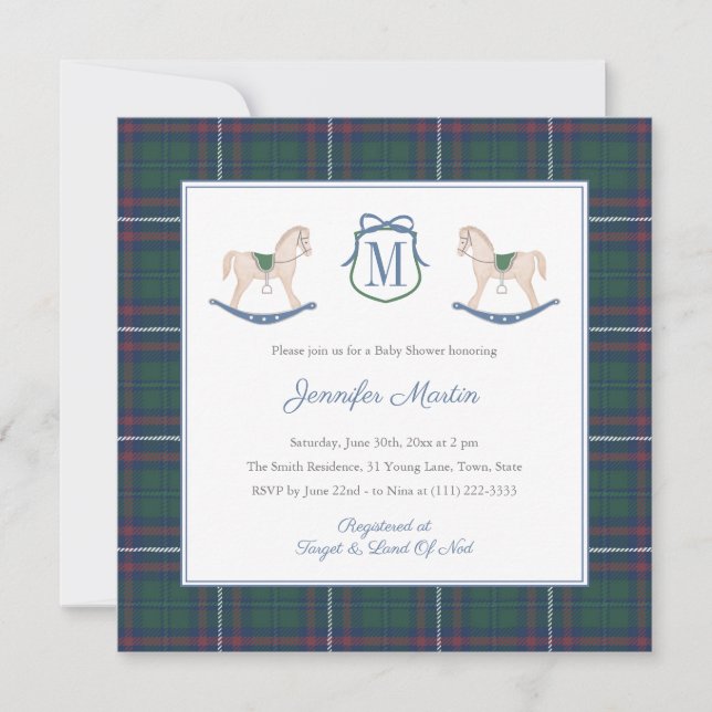 Invitation Classic Rocking Horse Tartan Winter Baby Shower (Devant)