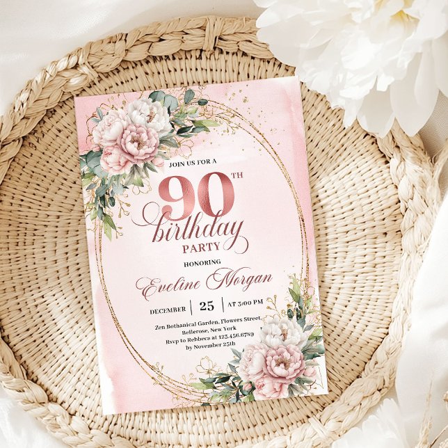 Invitation Classic Rose Gold Floral Greenery 90th Birthday  (Classic Rose Gold Floral Greenery 90th Birthday Invite)