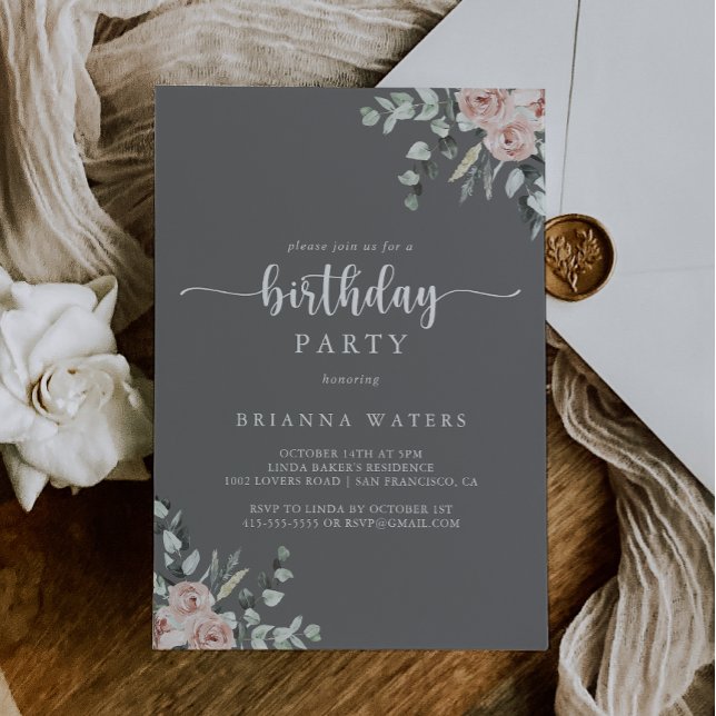 Invitation Classic Rose Rose Floral Grey fête d'anniversaire (Créateur téléchargé)