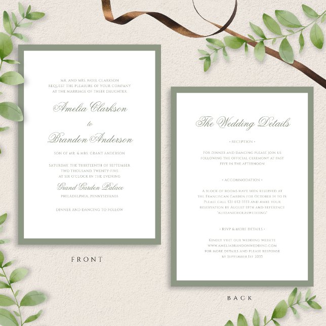Invitation Classic Sage Green Border Script Détails du Mariag (Créateur téléchargé)